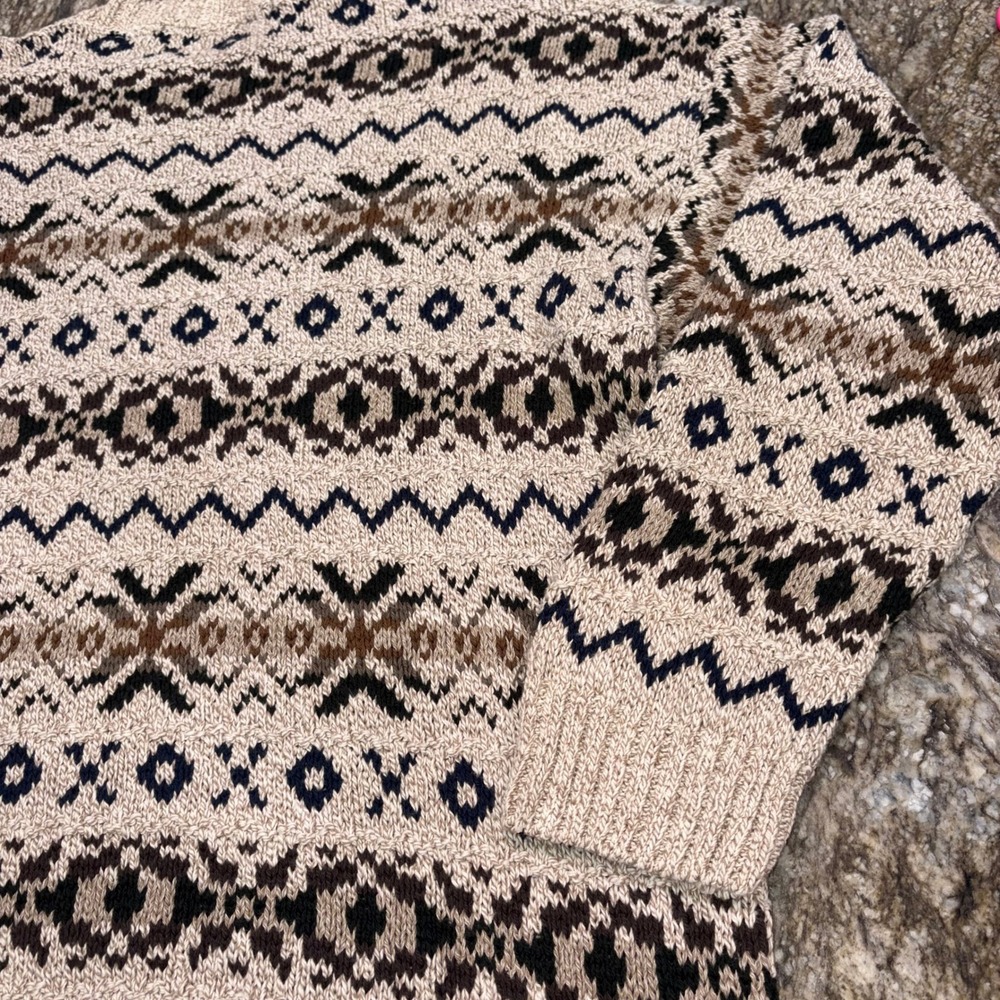 Vintage Grandpa Sweater Fair Isle Fieldmaster Knit Mens XLT Tan Brown Navy - Picture 11 of 11